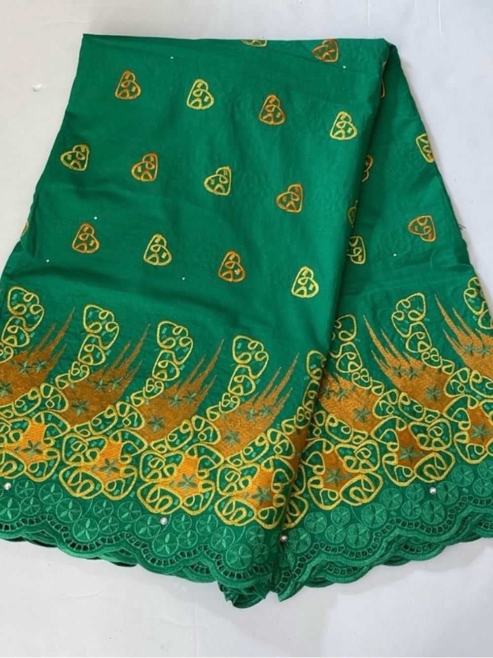 Green & Gold Embroidered Scalloped Edge Cotton Fabric